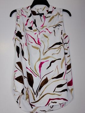Alfani White Sleeveless V-Neck with Pink & Brown Leaf Print